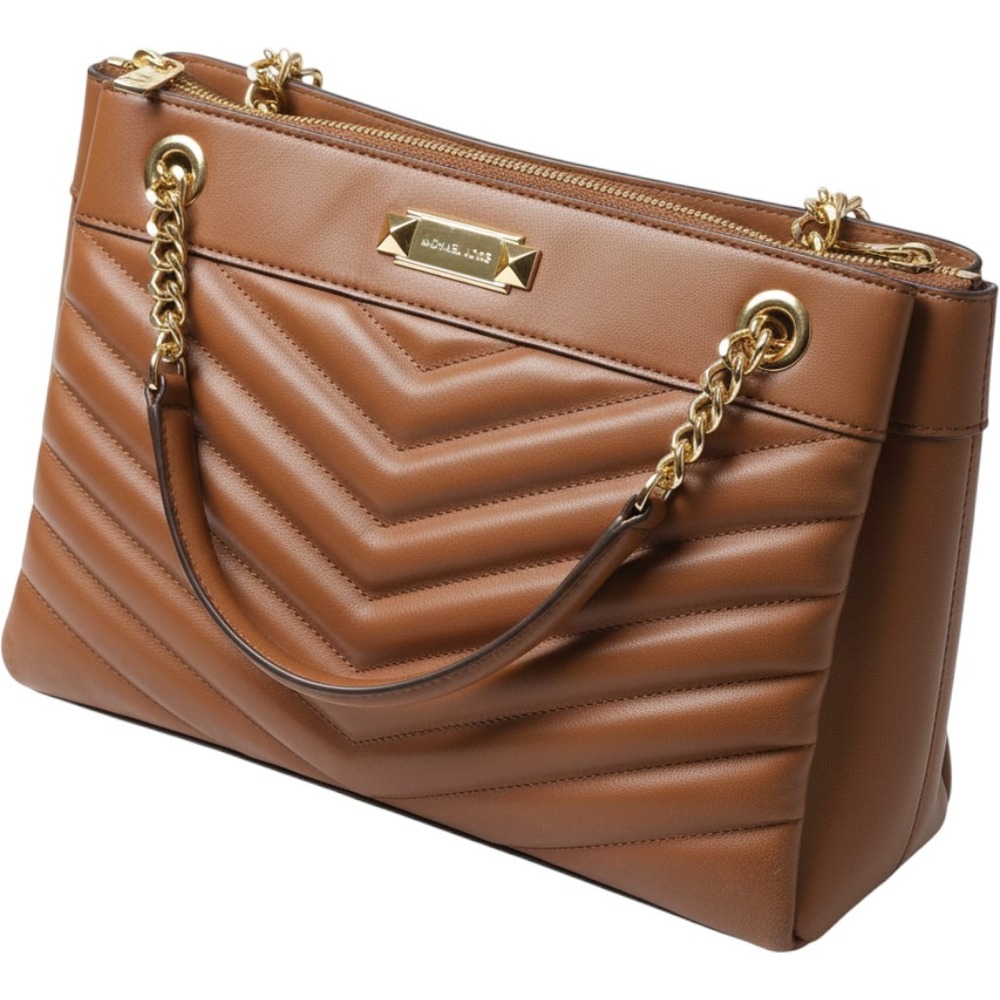 Michael Kors Rose Medium Quilted Leather Shoulder Bag Luggage Brown Gold Satchel